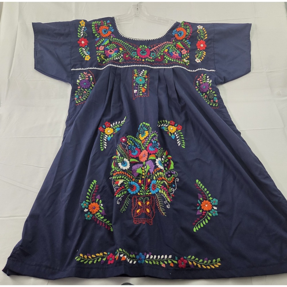 Mexican Embroidered Peasant Dress Womens XXL Blue Floral Folk Art Boho Artisan